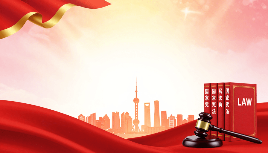 法治宣传素材：庄严法治主题：宪法与城市剪影的金色荣耀