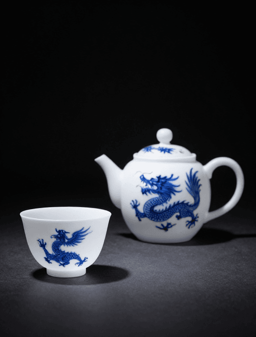传统工艺素材：青花龙凤纹磨砂茶具静物摄影