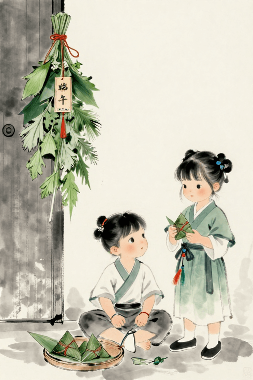 国风艺术素材：水墨国风端午童趣：汉服孩童艾草粽香