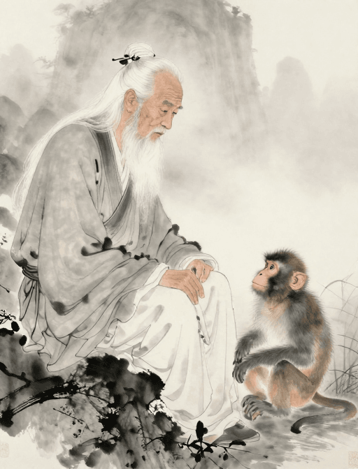 艺术插画素材：水墨意境：白发老人与灵猴的超现实对话