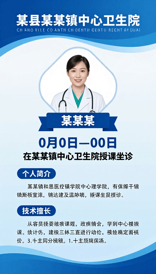 医疗健康素材：蓝白医疗宣传海报：专业可信的卫生院形象展示