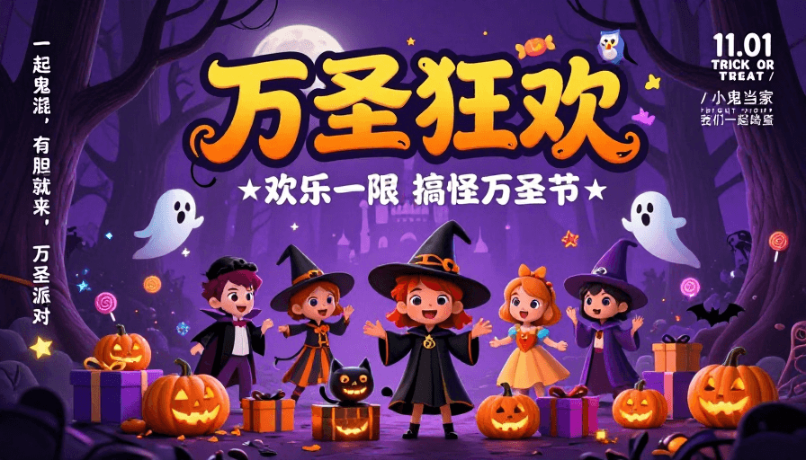 节日海报设计素材：万圣节梦幻狂欢：童话与奇幻交织的欢乐庆典
