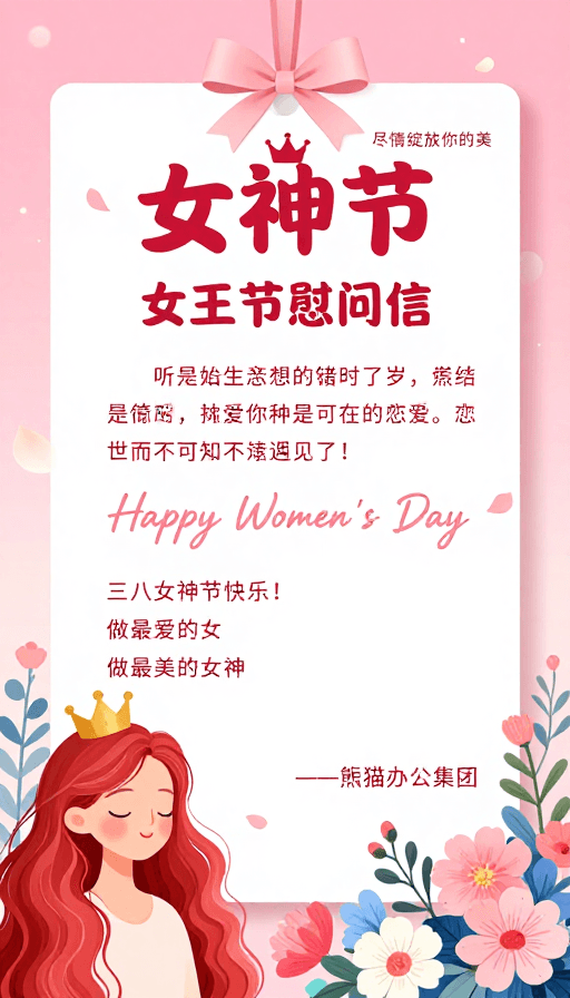 贺卡设计素材：粉色梦幻女神节海报：手写英文与艺术字贺卡设计