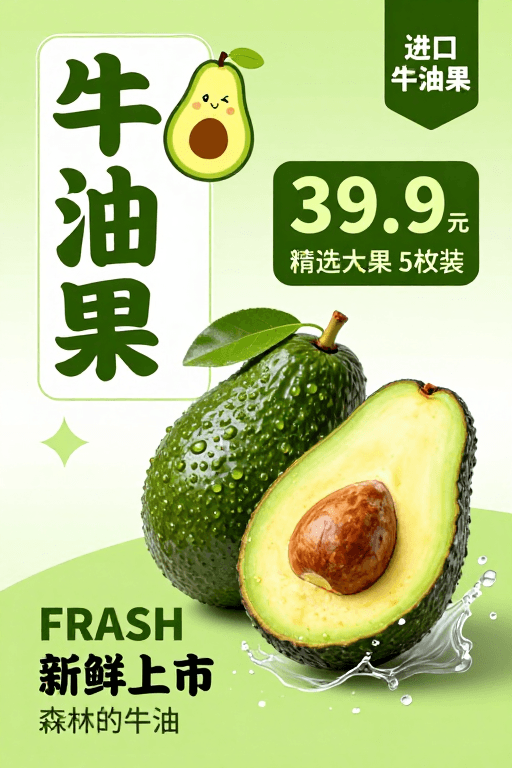 商品展示素材：清新绿调进口牛油果促销海报，鲜活美味