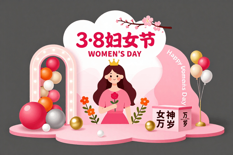妇女节主题素材：粉色立体妇女节美陈：梦幻插画与几何艺术融合