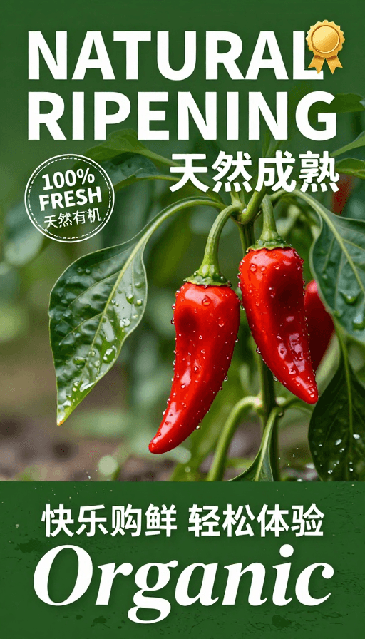 自然摄影素材：鲜红辣椒特写海报，天然成熟有机生活