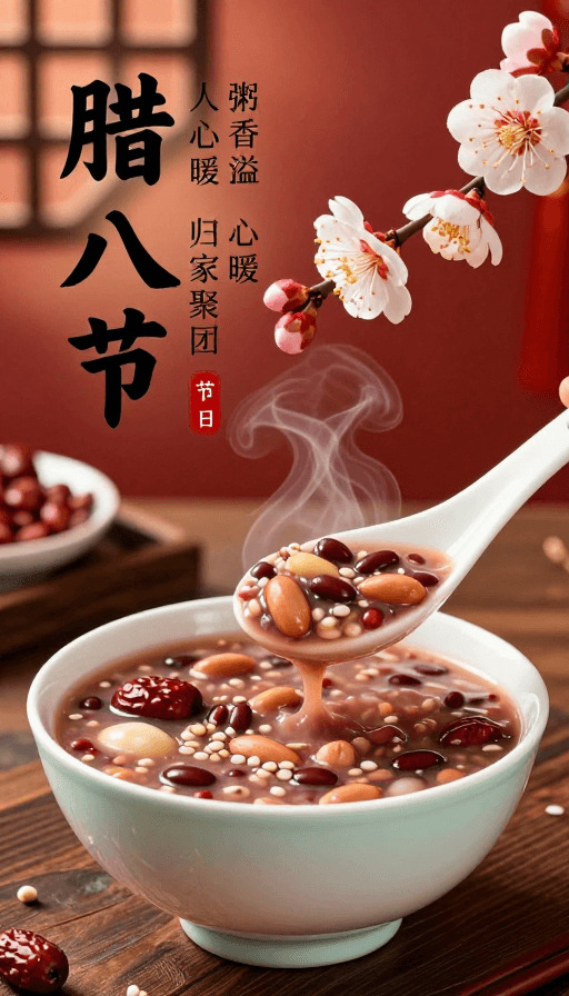 文化气息素材：腊八节传统美食海报：暖粥迎团圆