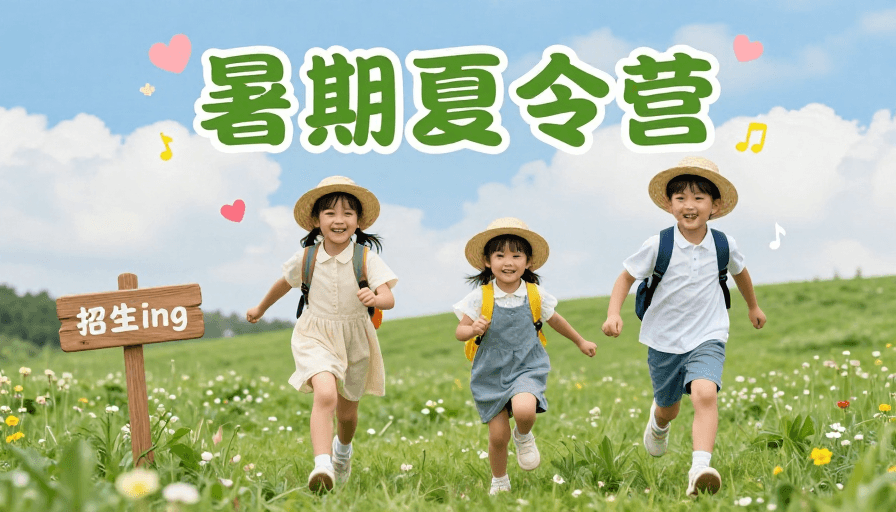 户外摄影素材：夏日童趣：孩子们在绿意山坡欢快奔跑的暑期夏令营宣传图