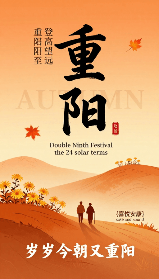 人文关怀素材：新中式水墨重阳插画：秋日温情与节日祝福