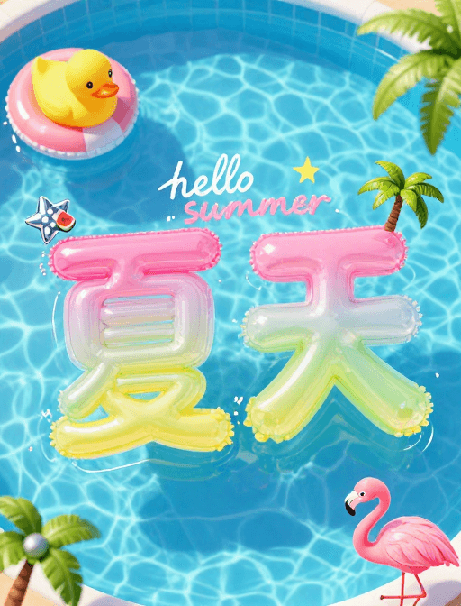 插画风素材：夏日清凉：粉色渐变‘夏天’艺术字漂浮泳池