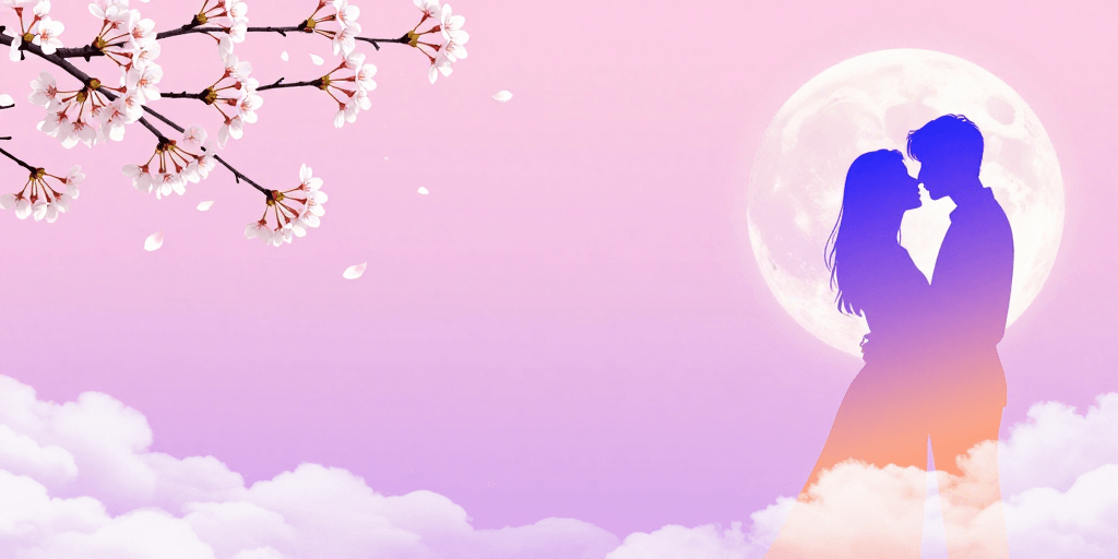 现代插画素材：粉紫樱花浪漫情侣满月背景图