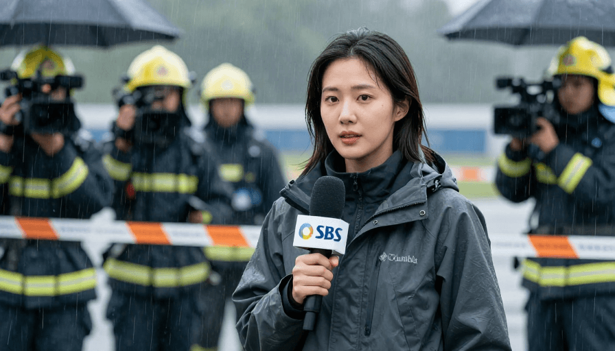 影视素材素材：SBS 记者雨中聚焦事故现场 高清摄影呈现专业风采