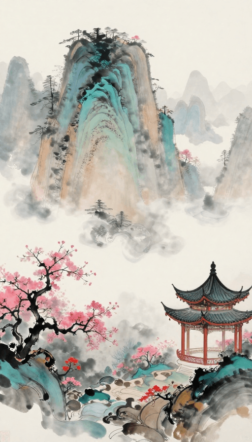 传统建筑素材：水墨仙山：云雾缭绕中的古典园林梦境