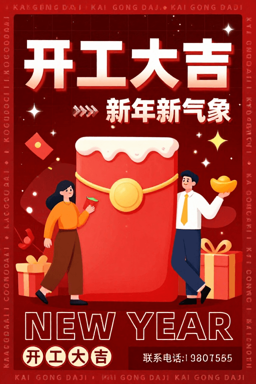 插画风格素材：春节开工大吉主题商业海报，融合科技感与喜庆氛围
