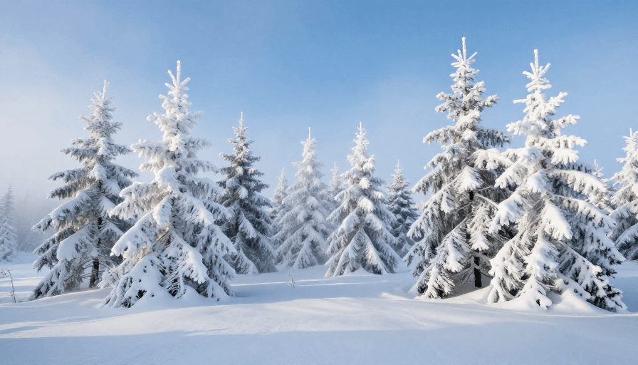 针叶林摄影素材：冬日雪原针叶林：冷调柔光下的静谧自然之美