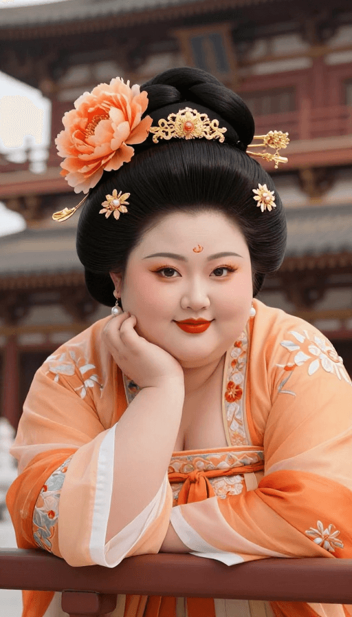 古典美学素材：超现实唐代美姬：橙衣牡丹发饰古风肖像