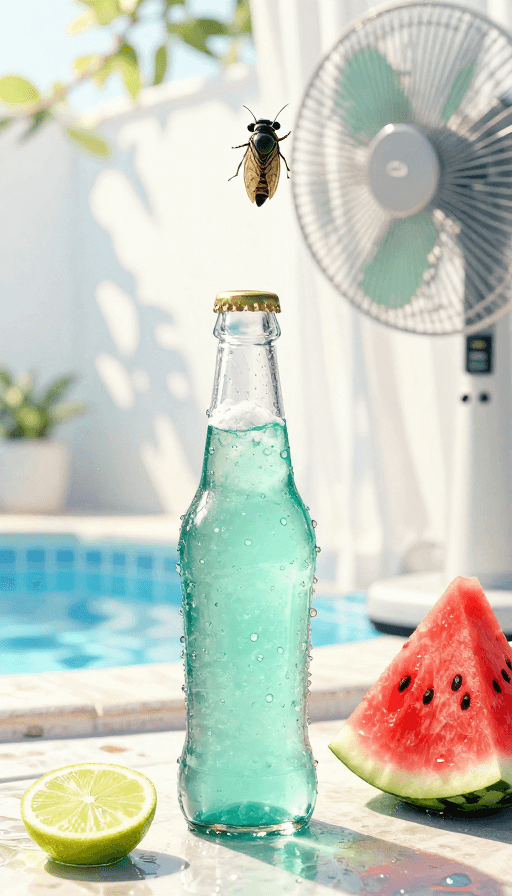 水彩质感素材：夏日清凉瞬间：汽水与光影的午后诗篇