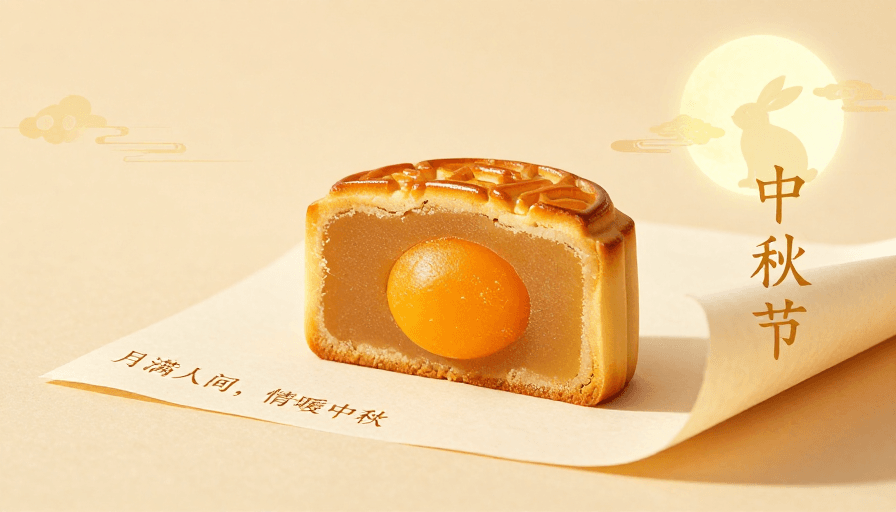 节日氛围素材：广式蛋黄莲蓉月饼特写，中秋佳节温暖氛围