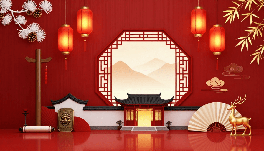 喜庆背景素材：喜庆中式红景：传统建筑与祥云纹样融合