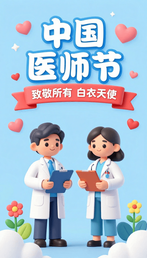3D卡通风格素材：温馨3D卡通中国医师节致敬海报