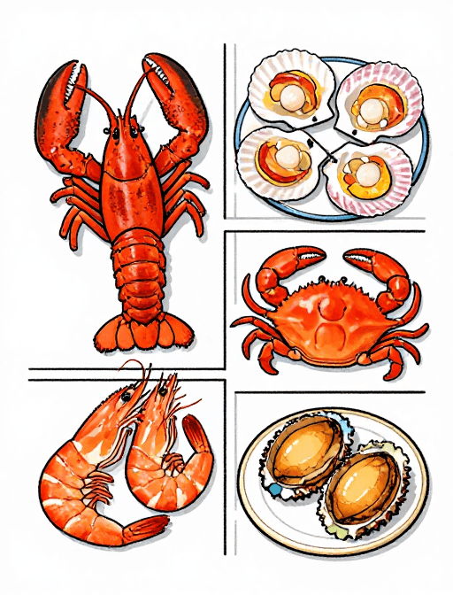 手绘漫画素材：手绘海鲜盛宴：漫画风格美食插画