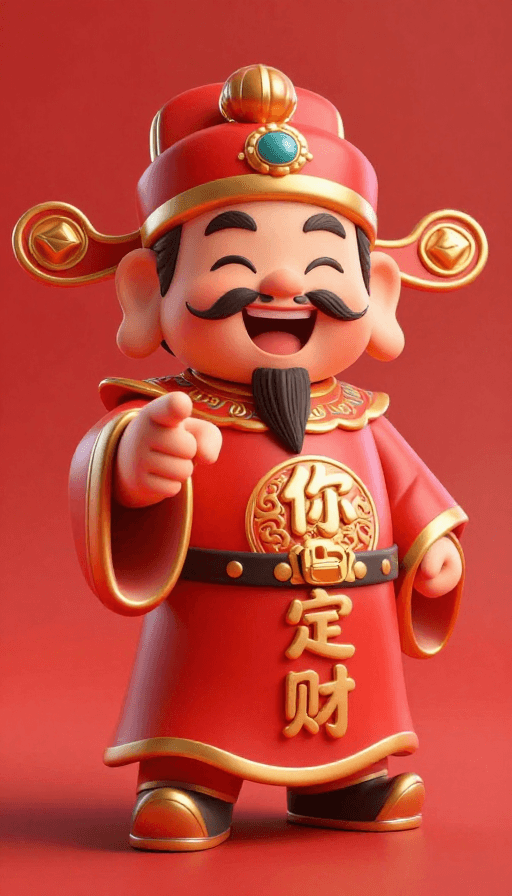 超高清细节素材：Q版财神破镜而出，红色国风3D超精细