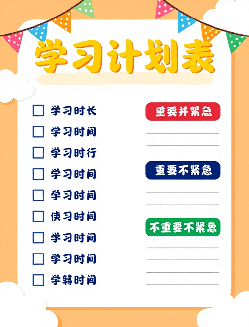任务清单素材：温馨学习计划表海报，橙彩设计助您高效自律
