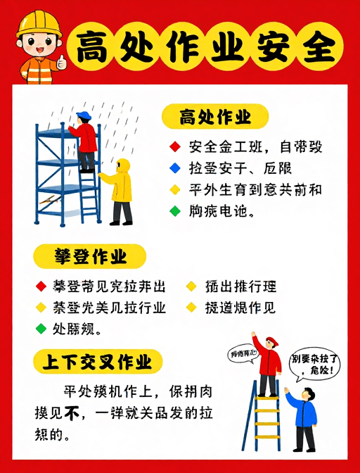 施工现场素材：高处作业安全卡通插画：规范操作保障施工安全