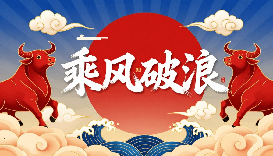 牛年祝福素材：中国风新年贺岁海报：乘风破浪牛年生肖插画