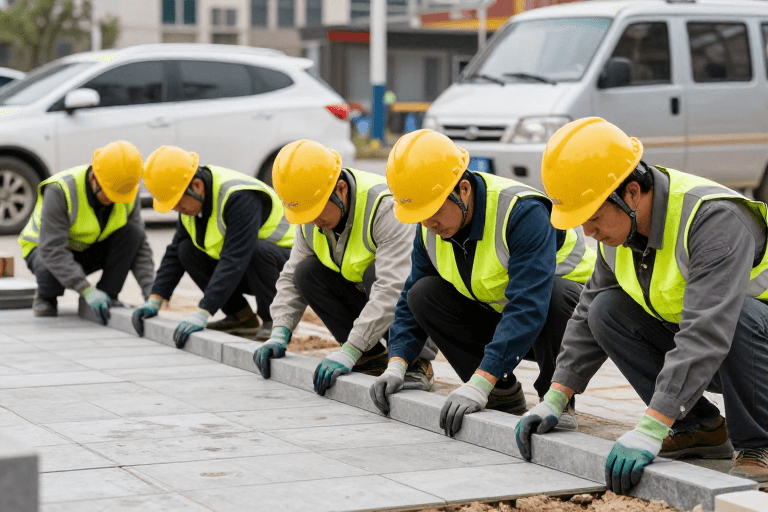 城市街道实拍素材：五名工人专注铺设灰色地砖的市政施工实拍