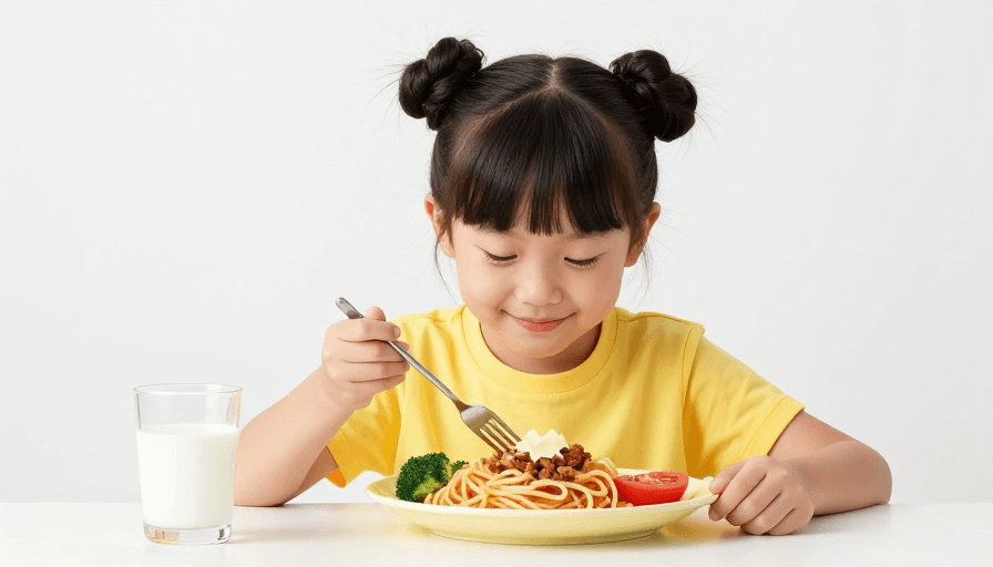 高清细节拍摄素材：健康童年：美味意面与营养时刻