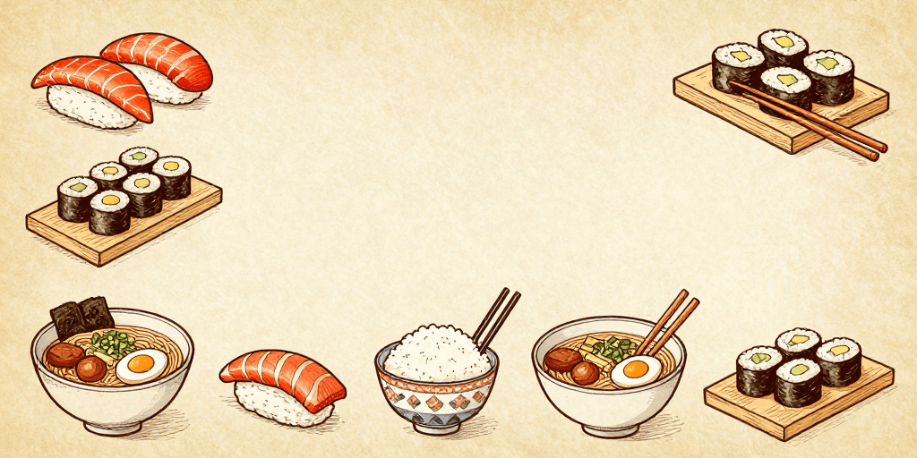 寿司拉面素材：日式料理手绘背景 留白设计寿司拉面环绕