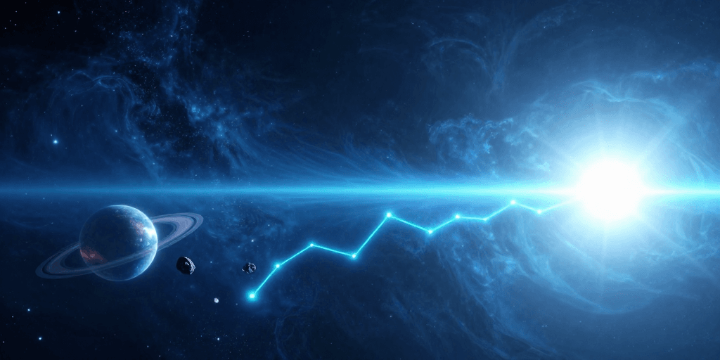 科幻宇宙素材：靛蓝青蓝渐变宇宙：神秘星体与光带交织的科幻数字艺术