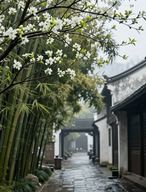 古风建筑素材：烟雨古镇竹林巷，古韵新芽现