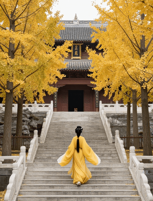 旅游摄影素材：深山古建与千年银杏：古风女子的秋日漫步