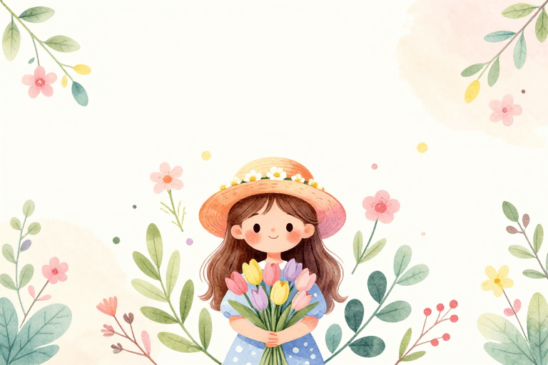 治愈系艺术素材：梦幻水彩插画：微笑女孩与春日花束的温馨场景