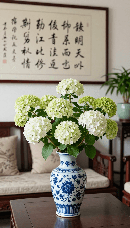 室内摄影素材：中式古典客厅，青花瓷配满树绣球与古诗墙景