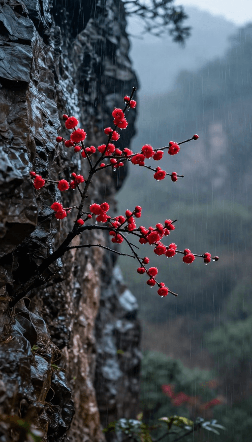 雨景摄影素材：雨中山崖古梅绽放 晶莹剔透的红色杰作