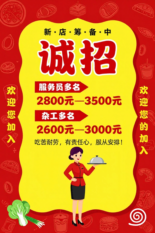 中式餐饮素材：红色手绘食品背景餐饮招聘海报
