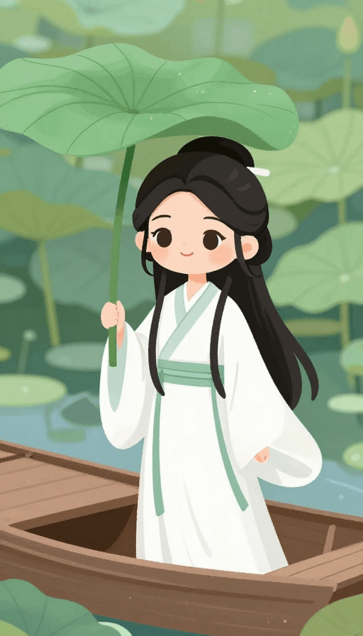 卡通头像设计素材：古风少女荷叶伞：清荷船行诗意画卷