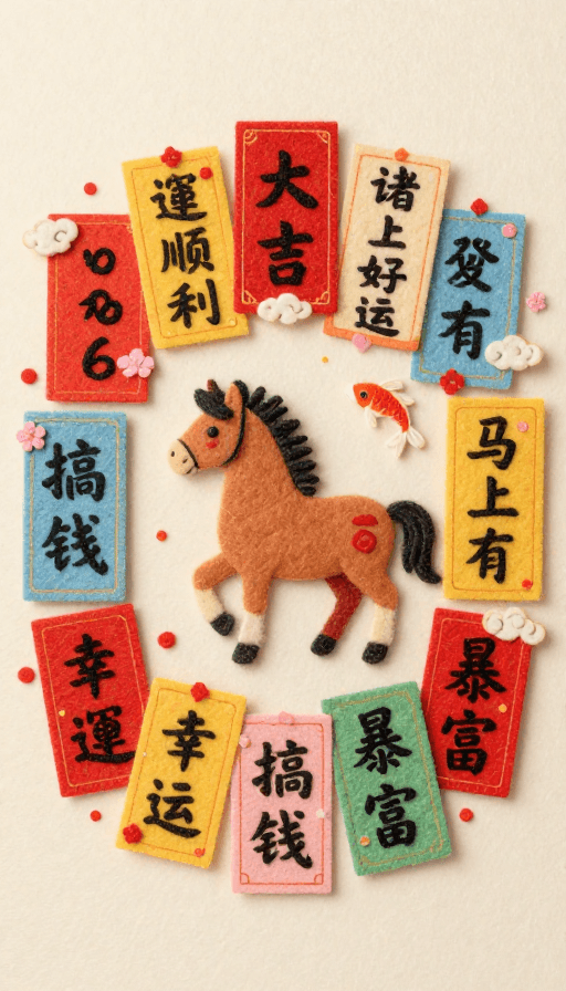 圆形构图素材：喜庆毛毡风·2026新春吉祥马卡