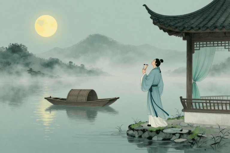 文化素材素材：水墨夜泊：青灰月下的古风诗境