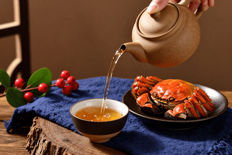 质感纹理素材：琥珀茶汤映蒸蟹：中式茶禅韵味
