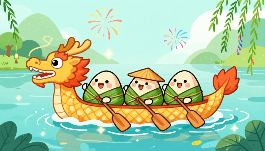龙舟竞渡素材：端午欢乐龙舟赛：萌粽竞渡 Q 版插画