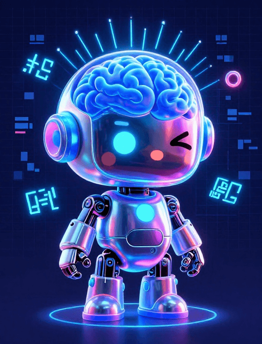 Octane渲染素材：霓虹AI机器人：量子脑波与Q版科幻风插画
