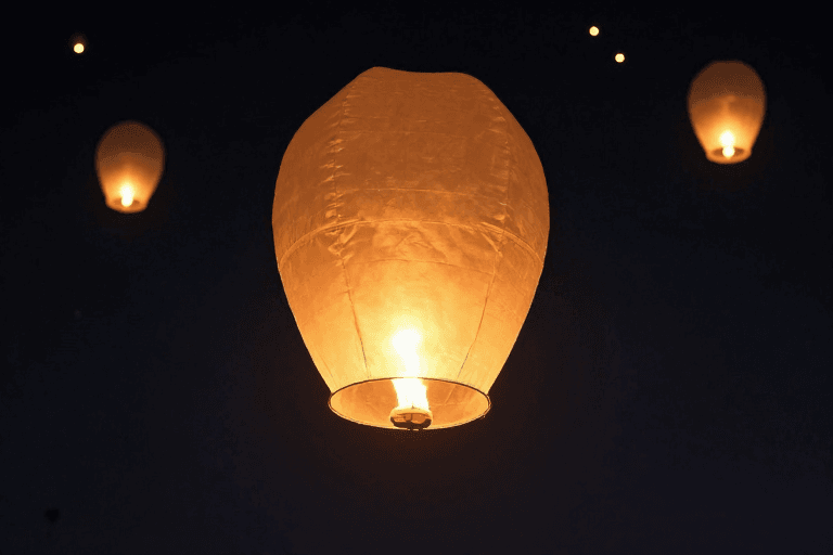 夜空孔明灯升空：节日庆典的温暖灯火
