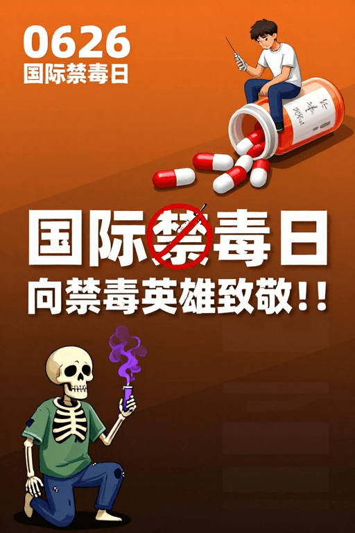 视觉叙事素材：橙色渐变禁毒日公益插画：警示与关怀