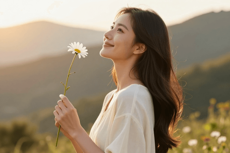 高清人像素材：金辉映颜：少女与雏菊的温柔逆光肖像