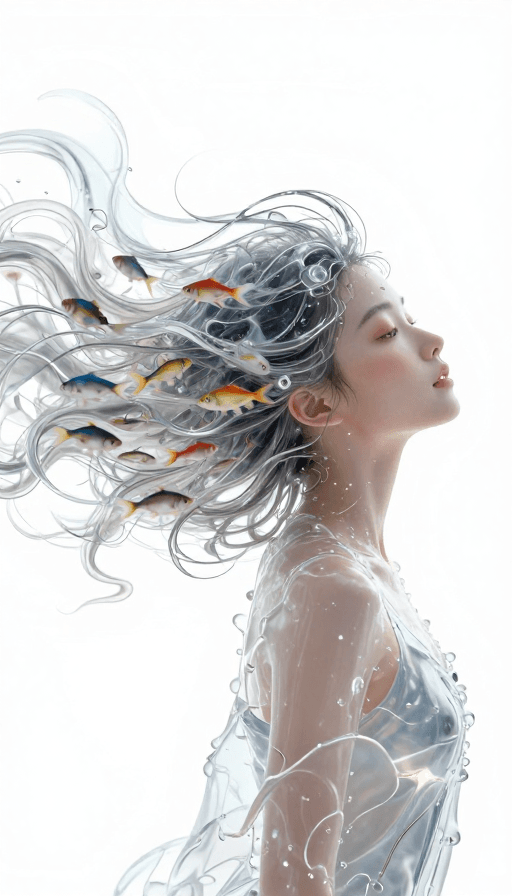 超现实主义素材：透明流体少女与游鱼奇幻水世界