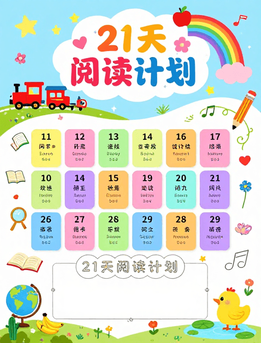 卡通设计素材：童趣插画21天阅读计划海报，多彩设计助力打卡